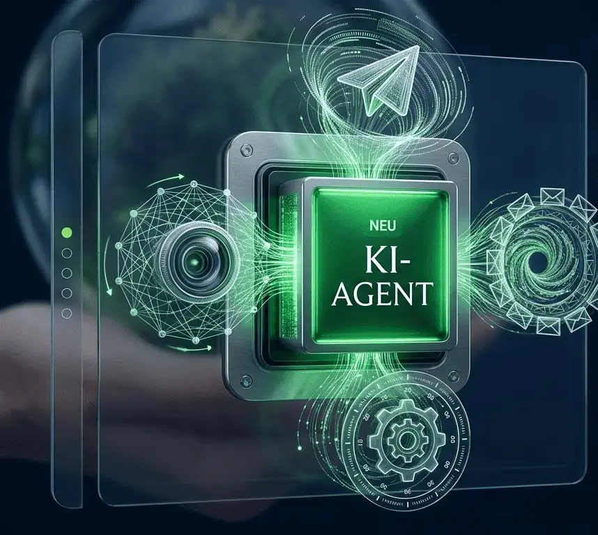 KI-Agent im Zentrum: OC Orchestrator mit Telegram, Kamera, Mail und Automatisierung.
